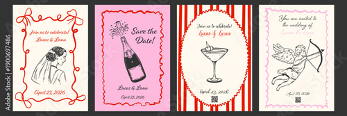 Romantic whimsical wedding invitation set. Hand drawn frames with bows, champagne, cupid, cocktail and bride. Templates for save the date in sketch style.
