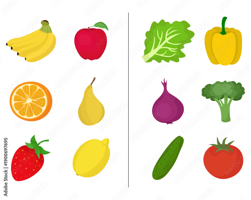 Fototapeta premium Healthy fresh fruits and vegetables strawberry apple bananas tomatoes cucumber onion pepper