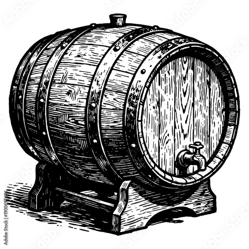 Old wooden barrel illustration, vintage woodcut style for brewery and aging concept