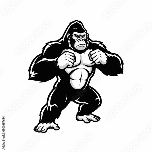 Powerful black and white gorilla mascot standing in an aggressive fighting pose, ready for action.