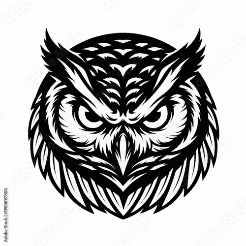 Intense black and white owl head logo with detailed feathers and piercing eyes, vector illustration.
