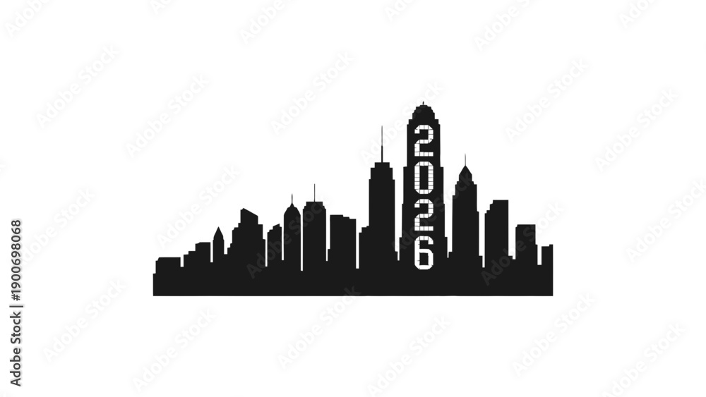 Fototapeta premium A black silhouette of a city skyline with a futuristic 2026 tower
