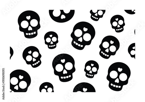 Vector illustration Black Skull Pattern with Heart Accents on White Background