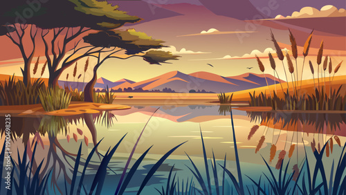 Very beautiful reflection of papyrus reeds along the Kwando River, Namibia, captured with soft bokeh, highlighting tranquility, flowing water, and untouched African river landscapes.