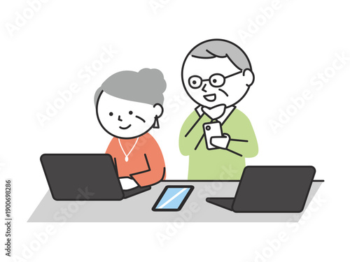 PCやスマホの操作を学ぶシニアの男女　パソコン講座で勉強する日本人高齢者のイラスト