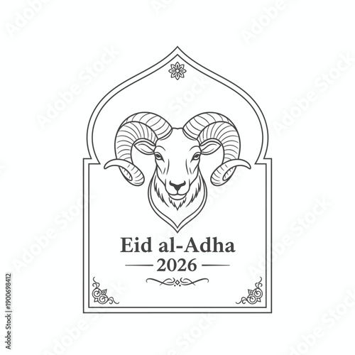 Eid al-Adha 2026 ram head in Islamic arch frame vector illustration for religious celebration posters and greeting cards branding