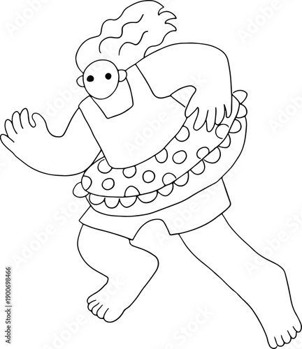 A young woman with long hair in a swimsuit and an inflatable ring runs and hurries to swim in memphis style, full size, hand drawn with black, curved grunge lines