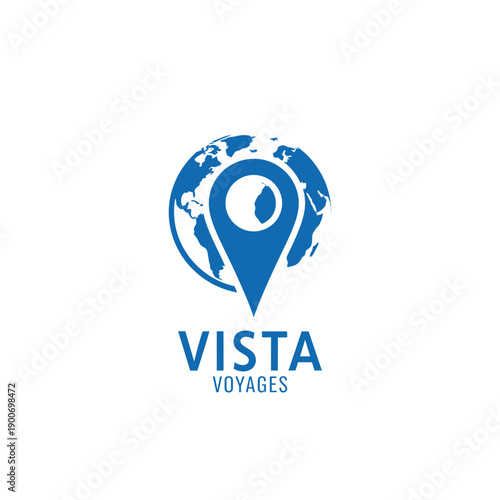 Global world globe with location pin icon logo for travel agency and tourism navigation branding for Vista Voyages