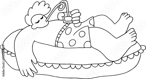 A young man in swimming trunks is relaxing and lying on a large inflatable water mattress and drinking a drink in memphis style, full size, hand drawn with black, curved grunge lines