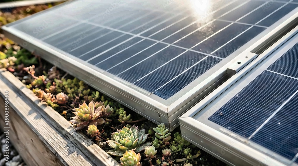 Fototapeta premium Solar Panels Installed on Roof with Green Plants