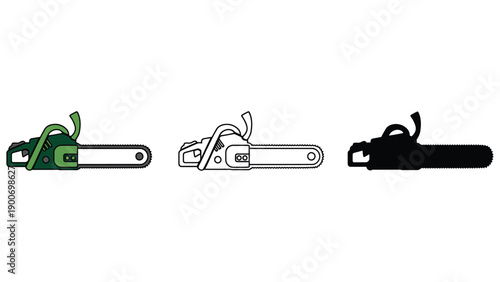 A colorful illustration of three different chainsaws in green, black and white.