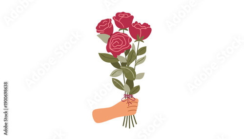 A hand holding a bouquet of red roses with green leaves