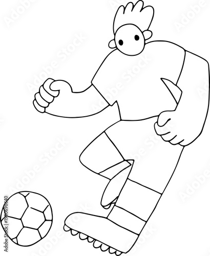 A young man kicks a soccer ball and plays football in memphis style, full size, hand drawn with black, curved grunge lines