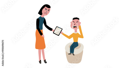 A frustrated woman showing a document to a stressed man sitting on a couch