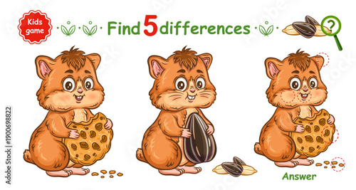 Cute hamster pet animal, find 5 difference children education puzzle game. Mouse rodent with sunflower seed, cookie food. Search match. Compare picture. Kid preschool learning logical worksheet vector