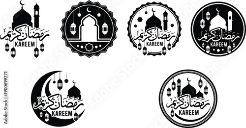 Set of Ramadan Kareem 2026 Vector Emblems featuring Black Silhouette Mosques, Crescent Moons, and Hanging Lanterns on Isolated White Background – Islamic Holy Month Badge Collection