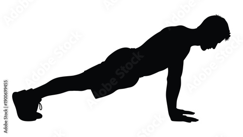 Silhouette of a person performing a push up exercise against a white background