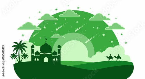 Green desert landscape with mosque, palm trees, camels, and shooting stars at night.