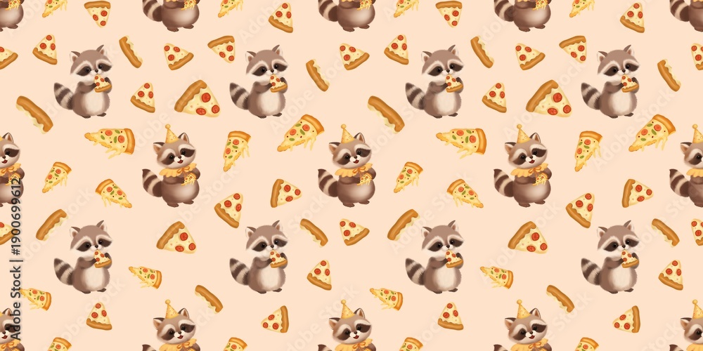 Fototapeta premium Seamless pattern with cute raccoons eating pizza and celebrating a pizza-themed birthday. Playful cartoon animals, cheesy pizza slices and party mood, perfect for Pizza Day, kids decor, wrapping paper