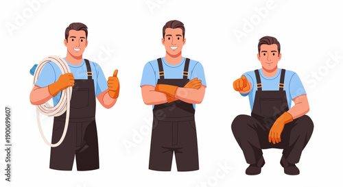 Three cartoon illustrations of a male worker in overalls and gloves, posing with a hose, crossed arms, and pointing.