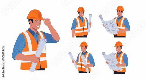 Male construction worker or engineer in safety gear holding blueprints, depicted in various poses.