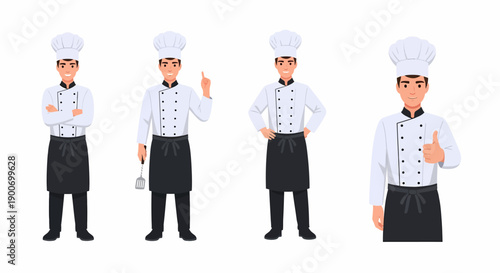 Four cartoon illustrations of a male chef in uniform posing with different gestures.