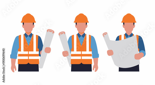 Three construction workers or engineers in safety gear holding blueprints and plans.