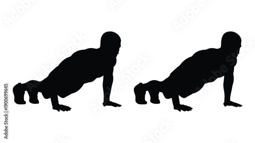 Two silhouettes demonstrating a push up exercise showing start and mid movement positions