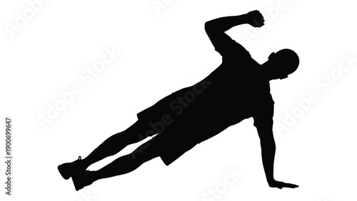 Silhouette of a man performing a side plank exercise against a white background