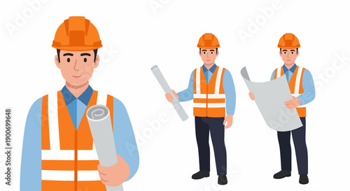 Male engineer or construction worker in orange hard hat and safety vest holding blueprints, depicted in various poses.