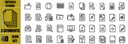 Documents Line Icons Set with File Folder Paper Report Certificate Contract Archive Clipboard and Document Management Symbols, Editable Stroke Outline Icon Collection for Office Work, Business, Admini