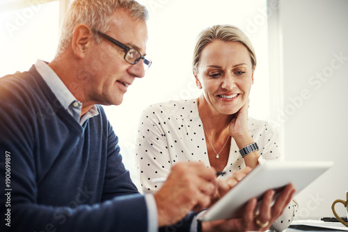 Tableau sur toile Reading, tablet or couple in home for planning, pension fund research or financial security premium