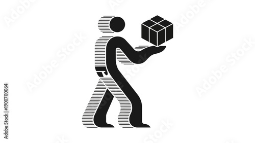 A simple black and white illustration of a person carrying a box