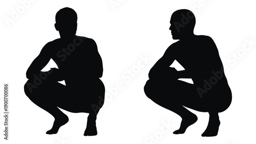 Two figures are depicted in a squatting position shown as solid black silhouettes