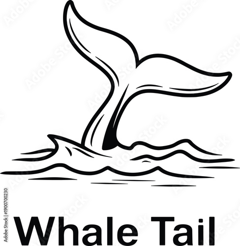 Whale tail silhouette diving into ocean waves, stylized line art illustration for marine life and adventure themes.