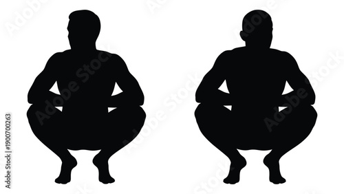 Two figures squatting in identical poses depicted as black silhouettes on a white background