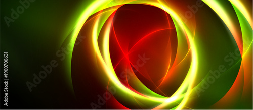 Abstract design features vibrant concentric circles. Red center glows, surrounded by yellow, green hues. Dark background emphasizes luminosity.
