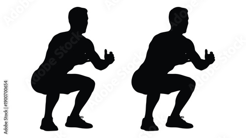 Two silhouettes of men performing squats showcasing a fitness exercise routine