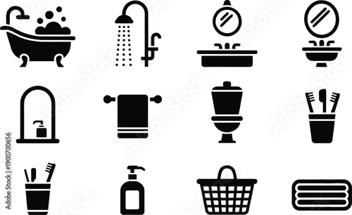 A collection of black silhouette icons depicting essential bathroom fixtures and personal hygiene items