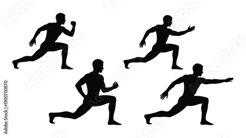 Four silhouetted figures are depicted in dynamic running poses against a white background