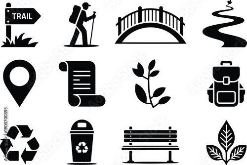 A collection of black silhouette icons representing hiking, camping, and outdoor adventure elements on white