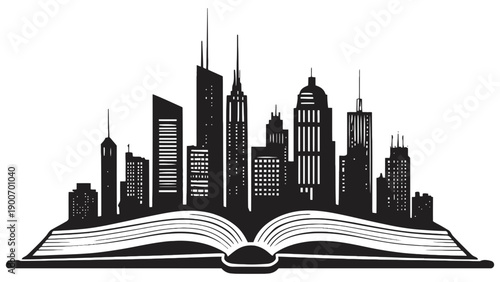A stylized illustration of a city skyline rising from an open book