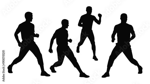 Silhouettes of four men running depicted in a minimalist black and white style
