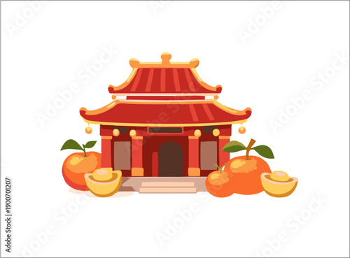 Traditional Chinese architecture of a red-roofed temple house pavilion and ancient oriental pagoda landmark amidst the historic culture and religion of a Beijing city park under a clear sky