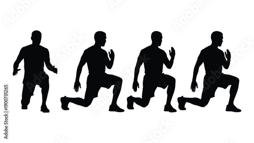Silhouettes of men performing various lunge exercises against a white background