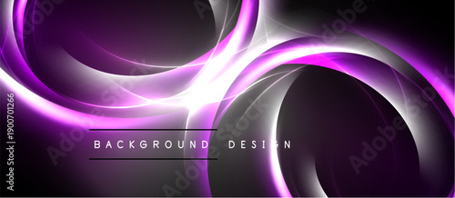 Abstract purple design features swirling light shapes. Dark background enhances vibrant curves, creating dynamic visual effect. Modern, elegant.