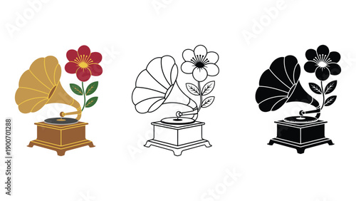A colorful illustration of gramophones with flowers in different styles