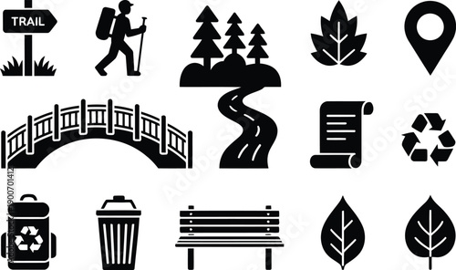 A collection of black silhouette icons showing various outdoor hiking and nature elements on a white background