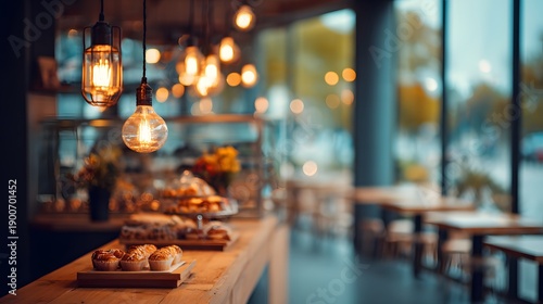 Warm cafe interior with hanging lights and pastries on display, inviting atmosphere.