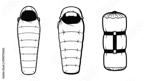A detailed illustration of a sleeping bag in various configurations